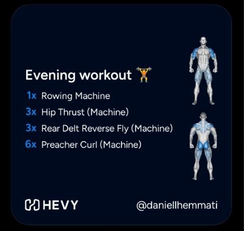 Evening workout routine listing exercises with muscle focus illustrations.