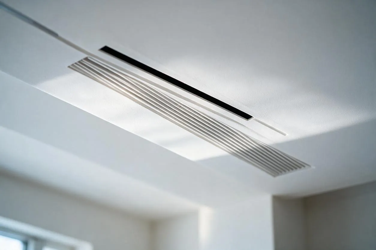 A white minimalist ceiling detail showing a long, narrow black slot and a parallel recessed linear vent with fine slats. Soft daylight washes across the smooth ceiling and adjacent white walls, creating a clean, architectural look.