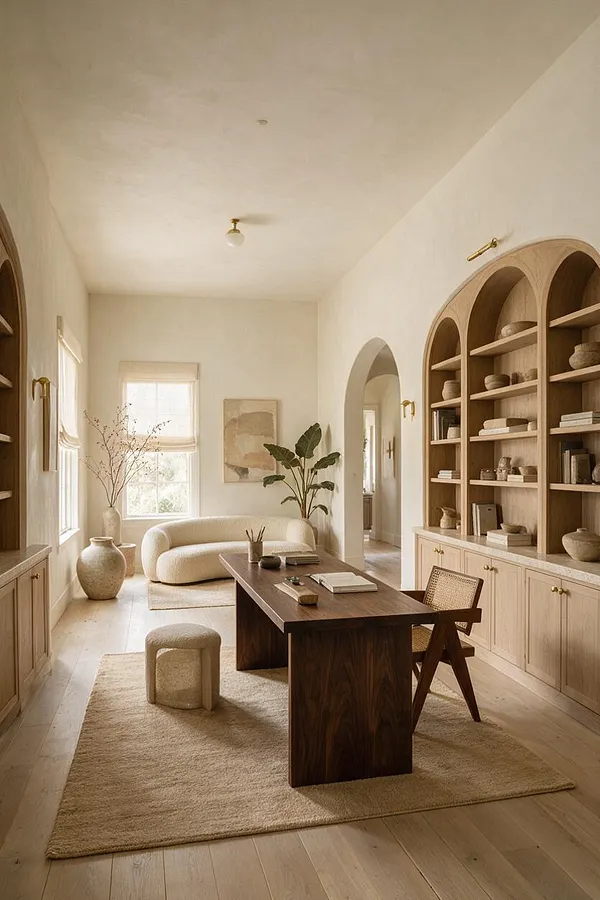 A serene home office with a dark wood desk centered on a large neutral rug, a curved cream sofa near the back window, and arched built-in shelves filled with books and pottery. Light wood floors, pale plaster walls, and soft natural light create a calm organic modern atmosphere.