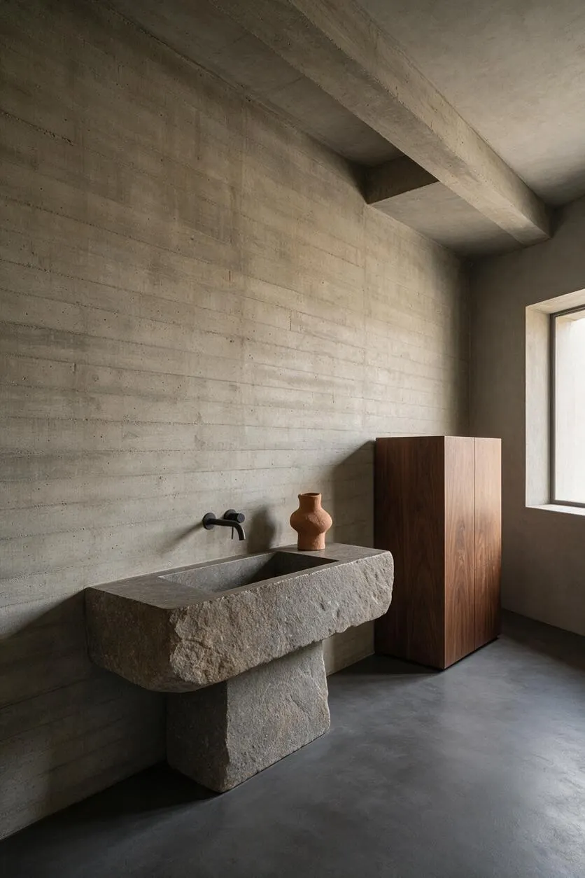 A Brutalist powder room with exposed concrete walls and ceiling, featuring a sculptural stone sink with a dark wall-mounted faucet. A warm wood cabinet stands near a bright window, and the space has a minimal, earthy palette with a smooth gray floor.
