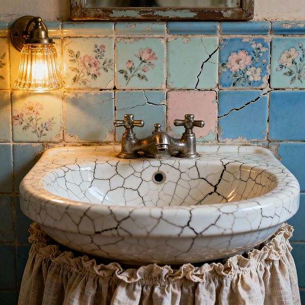 Close-up of a shabby chic bathroom sink with a white crackle-glazed porcelain basin and twin crosshead metal taps. The wall behind is tiled in pastel squares—sky blue, aqua, and a single blush pink—some hand-painted with delicate floral motifs and visible age cracks. A brass wall sconce with a ribbed glass shade glows warmly to the left, and the lower edge of a distressed mirror frame appears above. A ruffled linen skirt wraps the sink base, softening the vintage look.