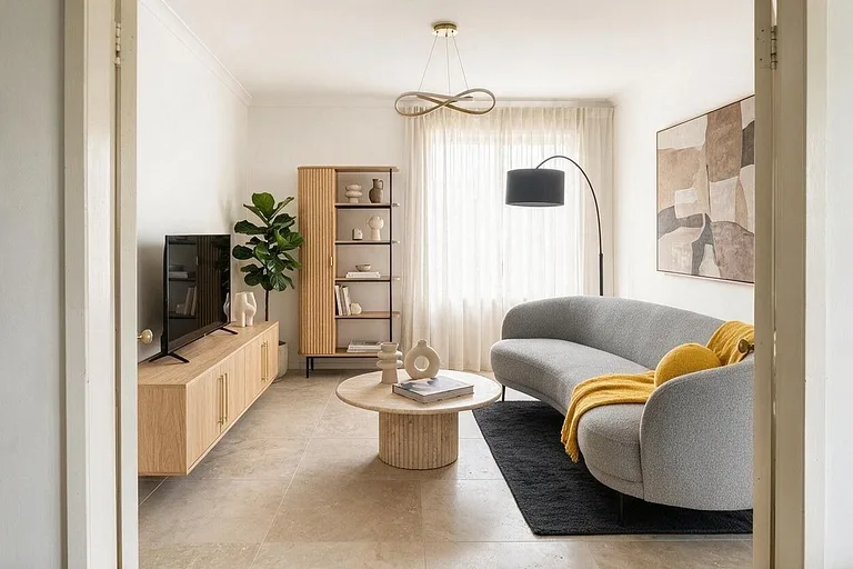 A Modern living room in the Gray and Mustard palette: soft white, mid gray, mustard, light oak, and charcoal