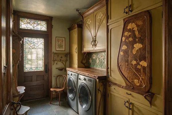 A narrow laundry room with two front-loading washers set beneath carved wood cabinetry and a patterned tile backsplash. The space features a stained glass door and transom window, curved Art Nouveau woodwork, a small wooden chair, and warm olive and honey tones.