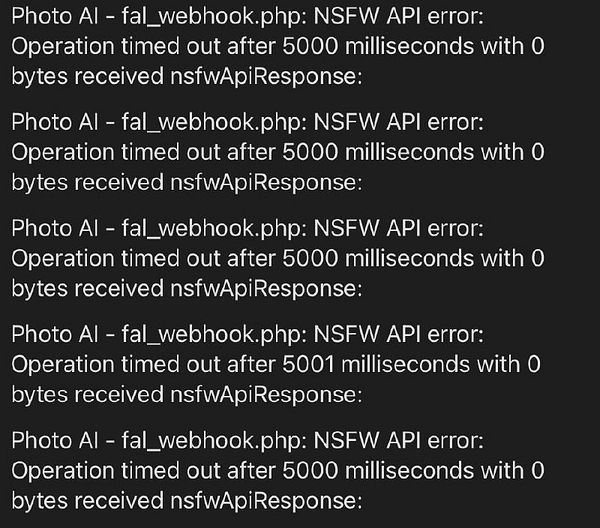 The image displays a series of error messages related to a timeout issue with the NSFW API.