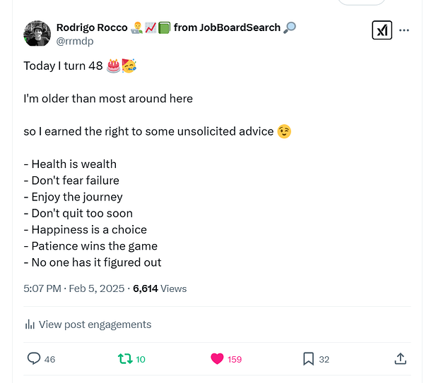 A Twitter post celebrating a birthday with personal reflections and advice.