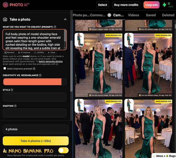 The image displays a user interface for a photo generation tool featuring multiple photos of a model in an emerald green gown.