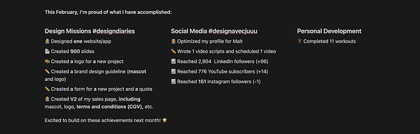 A list of accomplishments for February, highlighting various design and personal development tasks.