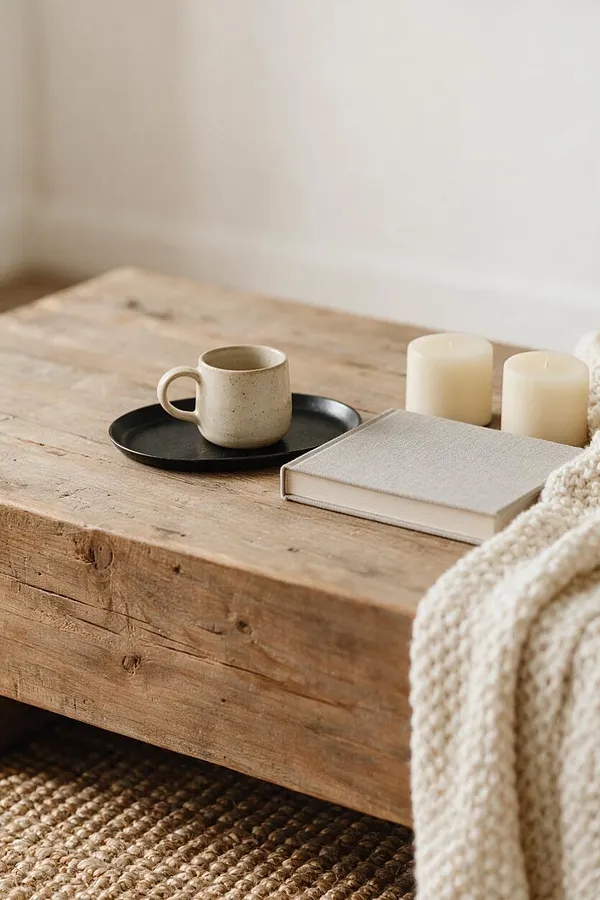 A rustic farmhouse vignette on a weathered wooden coffee table with a speckled ceramic mug on a black tray, a light neutral book, two cream pillar candles, and a chunky knit throw draped over the side. A woven jute rug and soft off-white wall complete the calm, natural scene.
