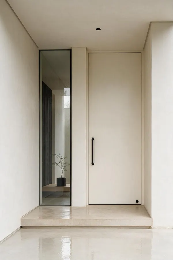 A minimalist exterior entry with smooth white walls, a flush cream front door, a slim black vertical handle, and a tall narrow glass sidelight beside it. The glossy pale floor and simple step create a calm, pared-back entrance with a quiet modern feel.