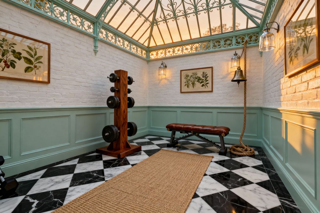 Traditional home gym set in a conservatory with a pitched glass roof and mint-green wrought-iron detailing, surrounding white-painted brick and matching mint wainscoting above a black-and-white marble checkerboard floor layered with a natural sisal runner. A brown leather weight bench and wood dumbbell stand with cast-iron plates sit centrally as botanical prints, clear-glass lantern sconces, and a wall-mounted brass bell with a thick rope glow in warm evening light.