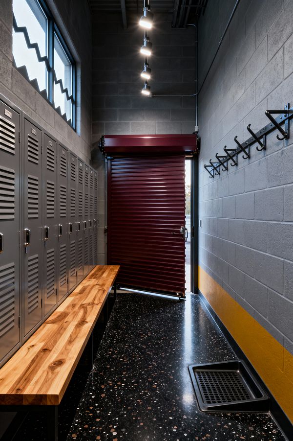 A compact industrial mudroom features a row of gunmetal steel lockers with chrome pulls, a long maple butcher-block bench, and black speckled terrazzo flooring with a recessed boot tray. Charcoal concrete-block walls include a mustard band and a linear rack of black metal hooks. Overhead, exposed conduits and track lights lead toward a deep burgundy corrugated roll-up door beside a narrow glazed opening, while a high window with zigzag mullions brings in daylight.