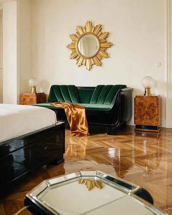 A stylish studio apartment bedroom-living area featuring a deep green velvet sofa with curved Art Deco lines, a gold sunburst mirror above it, and matching burl wood side tables topped with globe lamps. A glossy black bed frame and a mirrored coffee table reflect the warm light across the herringbone wood floor.