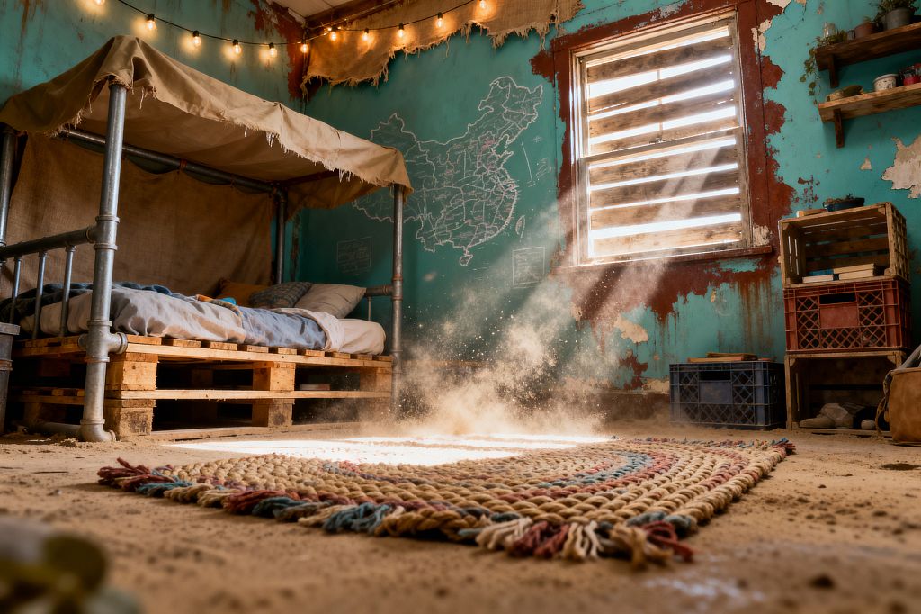 A children's room styled as a post-apocalyptic hideout, featuring a bed built from stacked pallet wood with a galvanized pipe frame and a canvas canopy. Distressed teal walls with peeling paint and a chalk map backdrop, a boarded window casting bright sunbeams through dust, warm string lights along the ceiling, a braided jute rug on a sandy floor, burlap drapes, and storage made from wooden crates and plastic milk crates complete the improvised, rugged look.