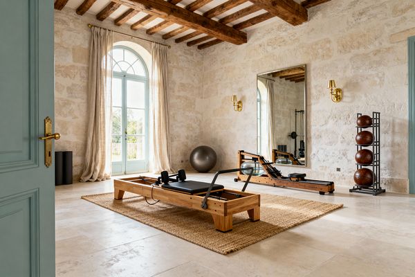 A bright home gym with pale limestone block walls, exposed timber ceiling beams, and a large arched French door painted a soft duck‑egg blue. A wood Pilates reformer rests on a woven jute rug, with a wood WaterRower and a full-height wall mirror nearby. Brass sconces flank the mirror, linen curtains pool on the cream stone floor, and a black rack holds brown leather medicine balls alongside an exercise ball and rolled mats.