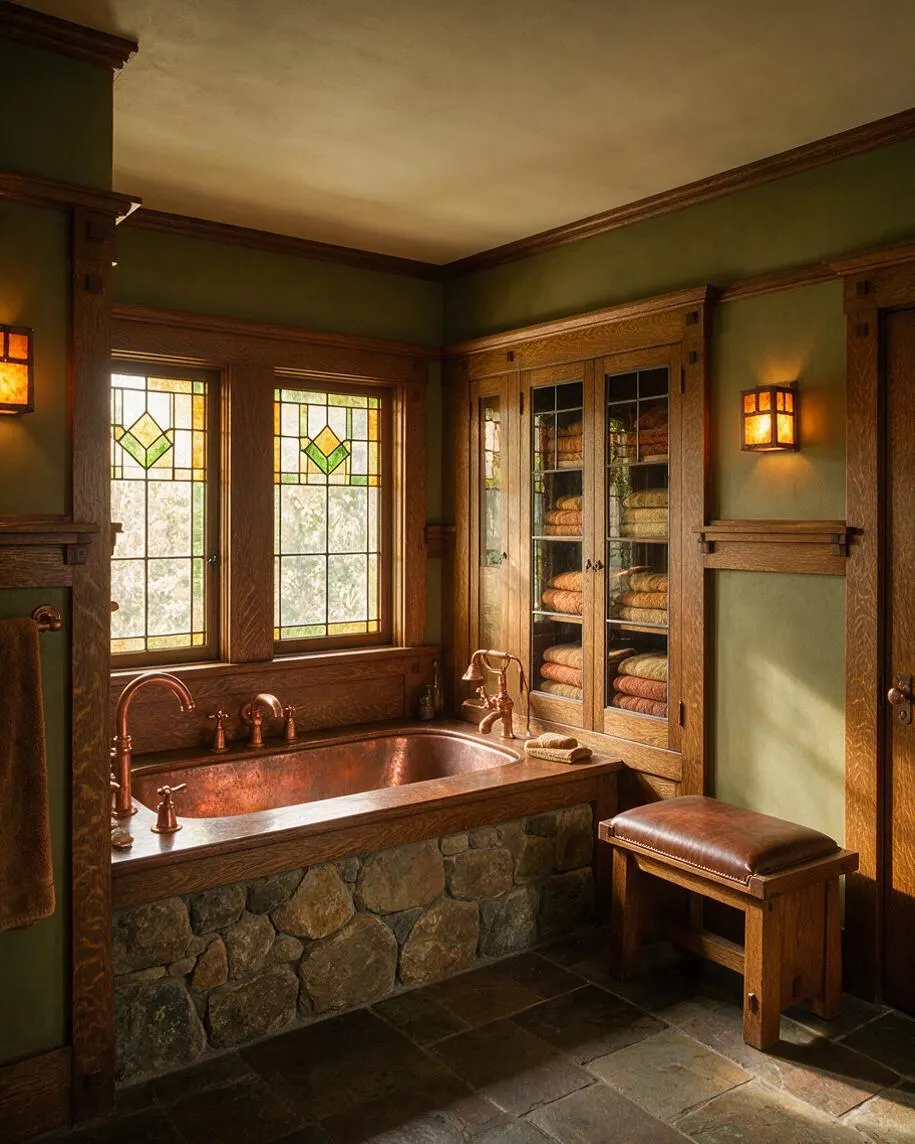 A Craftsman-style bathroom with green walls, rich wood trim, and two stained-glass windows above a copper bathtub. Built-in cabinetry with glass doors, a stone-faced tub base, and a small leather-topped bench complete the cozy, handcrafted look.