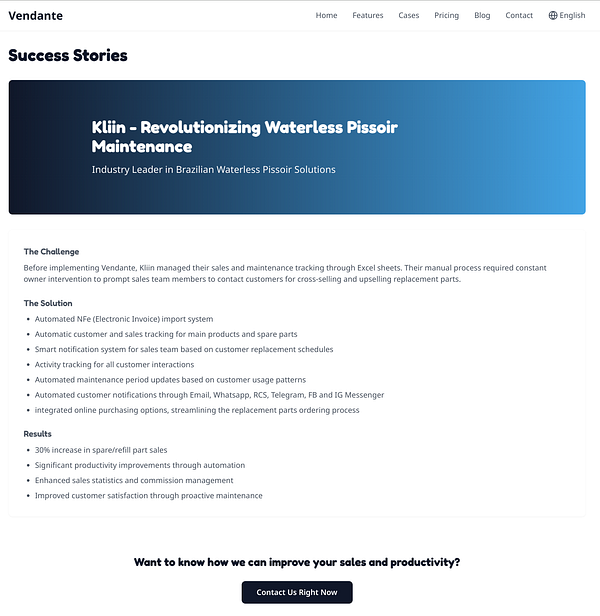 The image displays a webpage detailing a success story for the company Vendante, focusing on the case of Kliin and their waterless urinal maintenance solutions.