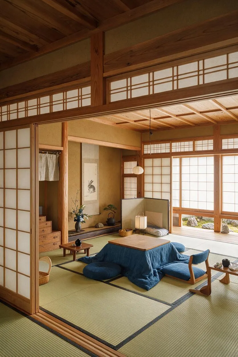 A Japanese Zen-style nursery with tatami mat flooring, warm wood framing, shoji screens, and a low central play table covered in blue fabric. Cushions, a small lamp, woven baskets, and minimalist decor create a calm, natural space filled with soft daylight.
