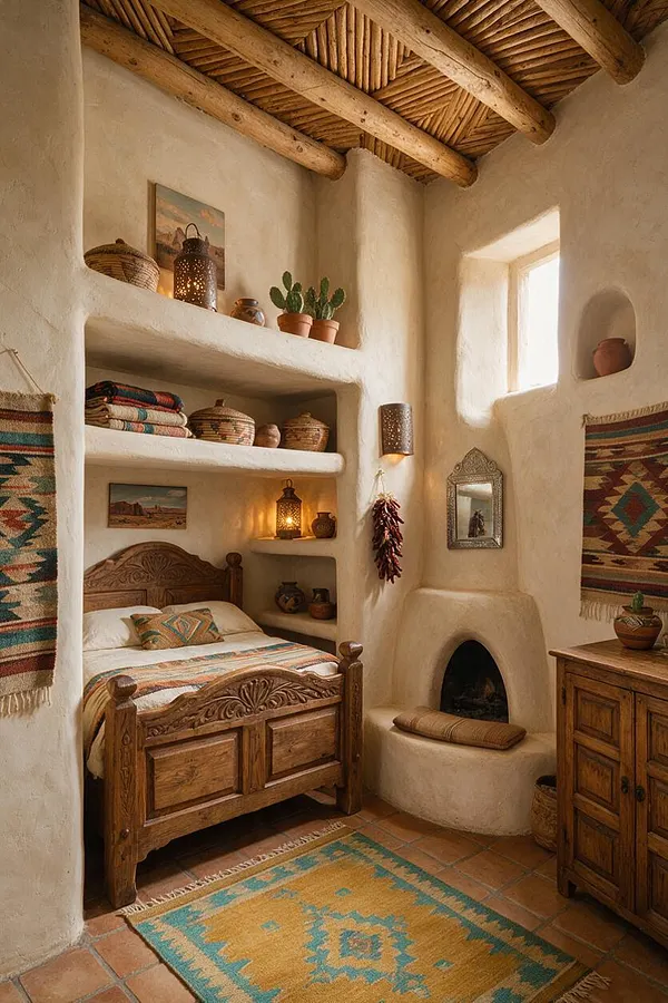A cozy Southwestern-style master bedroom with thick adobe walls, exposed wooden ceiling beams, and built-in wall niches. The room features a carved wooden bed, terracotta tile flooring, woven textiles, pottery, cactus decor, and a small rounded fireplace beneath a narrow window.