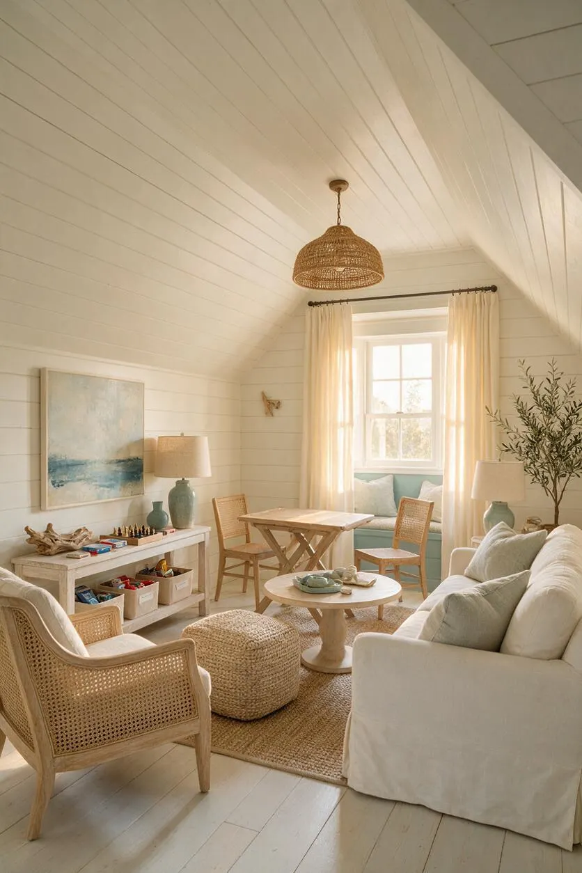 A bright coastal-style game room with vaulted shiplap ceilings, a woven pendant light, and creamy white walls. The room includes a slipcovered sofa, cane chairs, a woven ottoman, a small round table, and a play table beside a window seat with pale blue cushions and soft curtains.