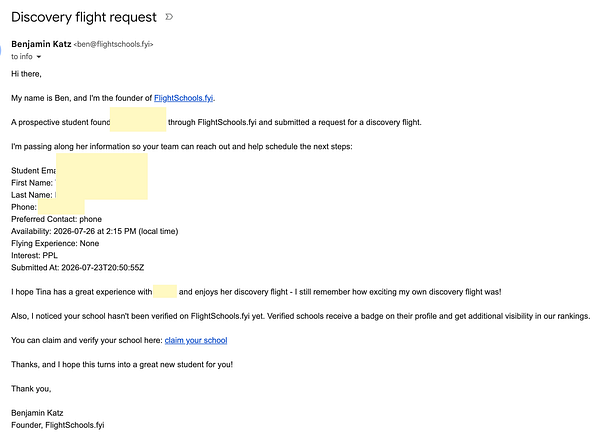 Screenshot of the first student sign up confirmation on flightschools.fyi with user details and signup info.