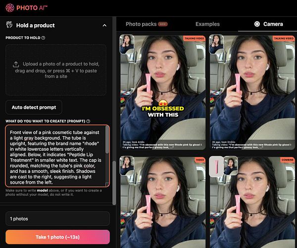 The image features a user interface for a product holding task in a photo editing application, showcasing a pink cosmetic tube and a user holding it.