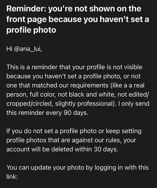 The image displays a reminder email regarding profile photo requirements for a user.