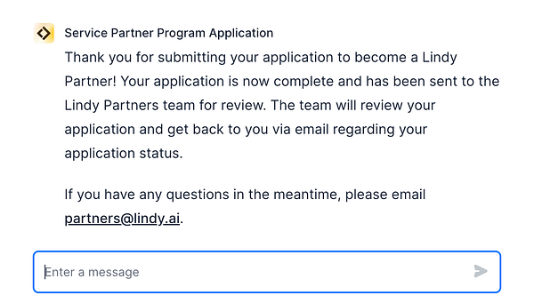 A confirmation message regarding the submission of a partner program application.