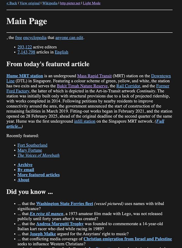 Screenshot of a simplified, plain-text Wikipedia article view designed for easy reading, likely for Kindle devices.