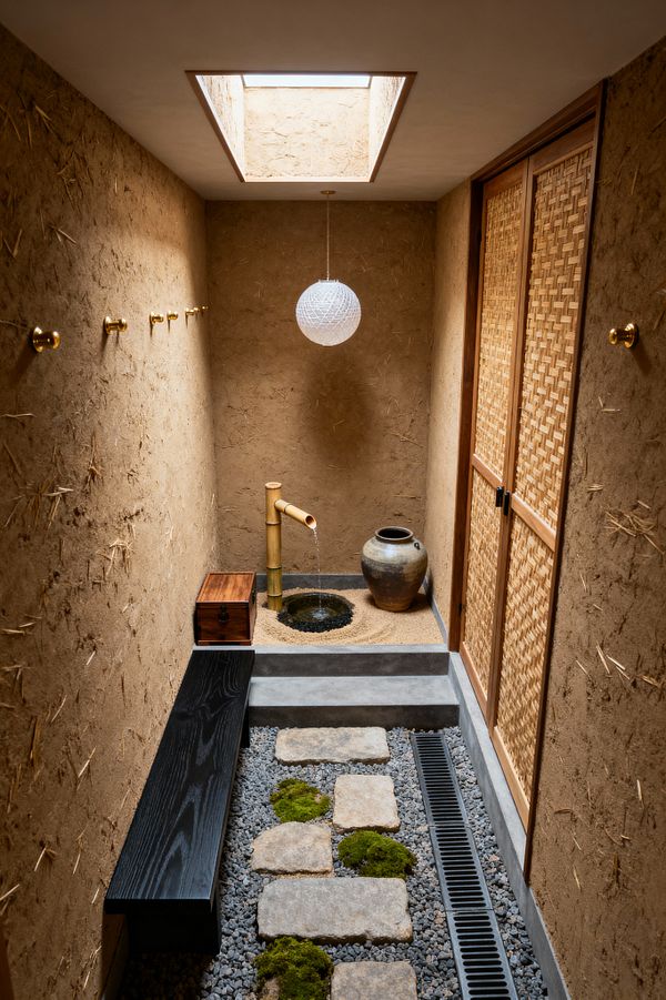 A narrow Japanese Zen mudroom features earthen clay walls with visible straw fibers, lit by a skylight and a white paper lantern. A path of rough stone pavers set in gray gravel with pockets of moss leads to a small water feature where a bamboo spout trickles into a round stone basin, flanked by a rustic ceramic jar; a black wood bench runs along the left, brass hooks line the walls, and woven bamboo sliding doors occupy the right.