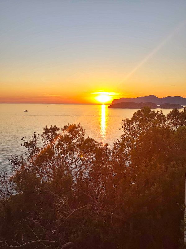 A vibrant sunset over a mountainous or hilly landscape with silhouetted trees in the foreground.