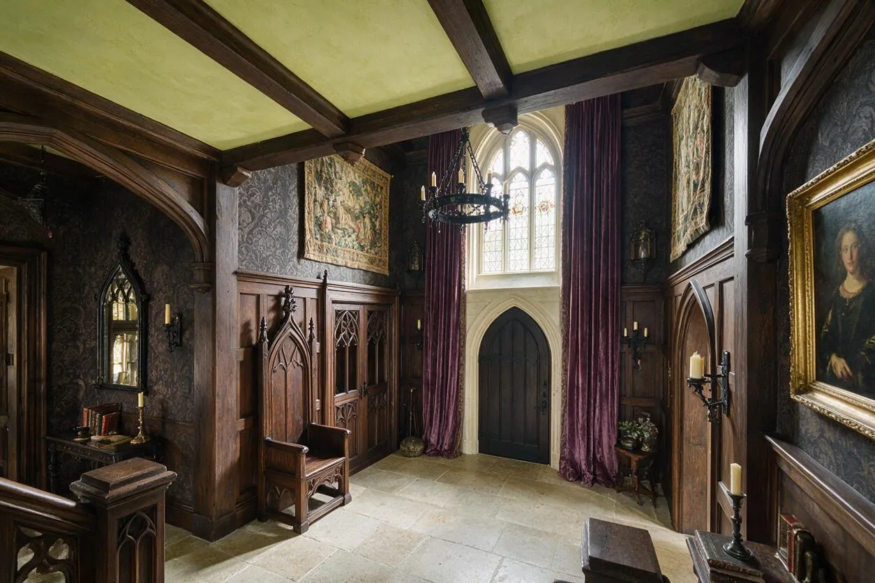 A dramatic Gothic entryway with dark wood paneling, pointed arches, and ornate carved details. The space features a tall leaded window with purple velvet curtains, stone flooring, wall sconces, a wrought-iron chandelier, and framed artwork that reinforces the medieval-inspired atmosphere.