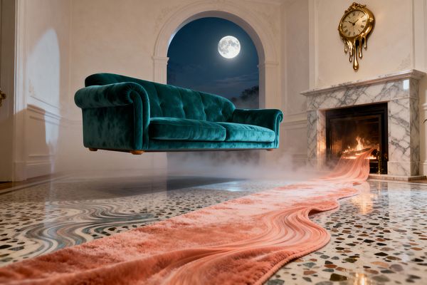An ornate cream living room shows a teal velvet sofa hovering above a polished terrazzo floor, while a plush coral runner appears to flow from a lit marble fireplace toward the viewer. A gold dripping clock hangs over the mantel, mist drifts near the ground, and an arched opening reveals a night sky with a full moon, combining classical moldings with surreal, dreamlike effects.