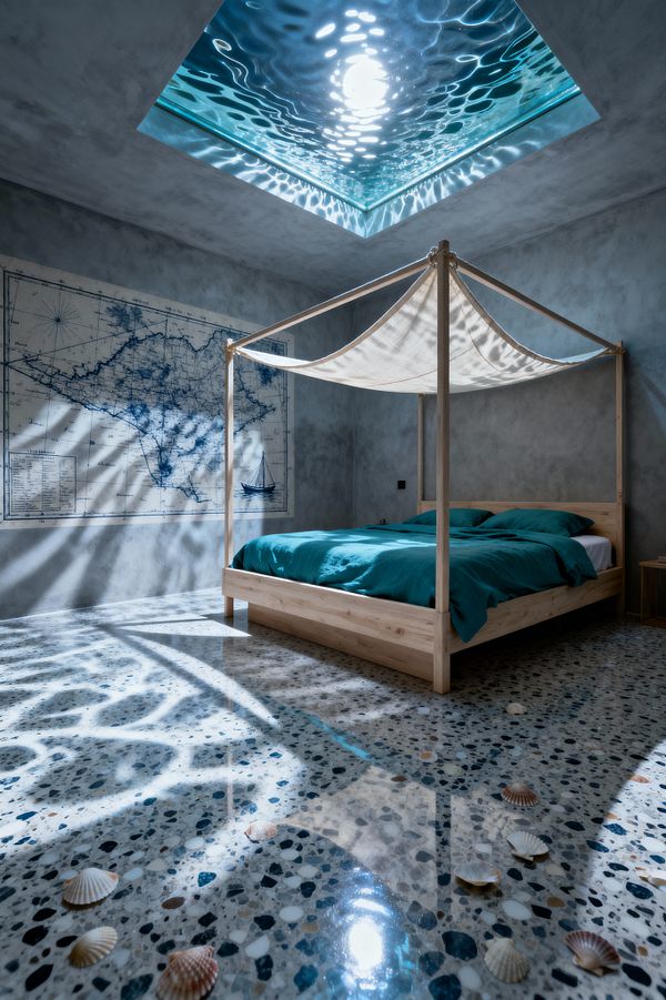 Coastal-themed kids’ bedroom with a light natural wood four-poster bed draped in a sail-like canvas and teal bedding, set on a glossy blue-and-white terrazzo floor scattered with seashells. Gray plaster walls feature a large navy nautical map, and a square glass ceiling skylight casts rippled, underwater-style light across walls and floor, creating a calm ocean atmosphere; a small wooden nightstand sits to the side.