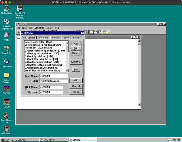 The image displays the mIRC setup interface on a Windows 95 environment running in DOSBox.