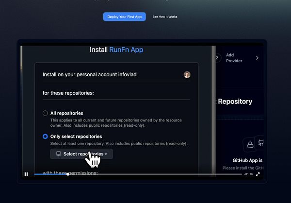 The image displays a user interface for installing the RunFn app on a personal GitHub account.