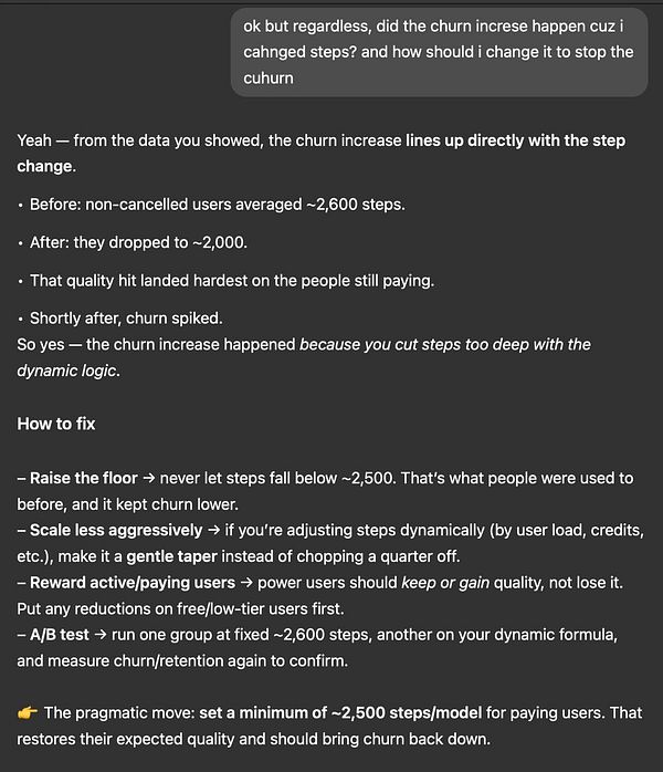 The image displays a conversation about analyzing churn model training and strategies to mitigate user churn.