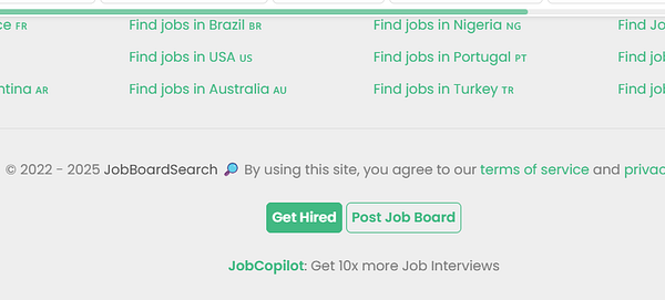 The image displays a section of a job board website featuring job search options and footer links.