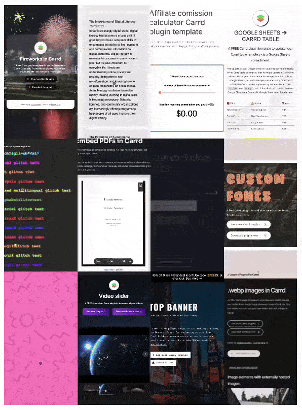 A collage showcasing various Carrd plugins and templates.