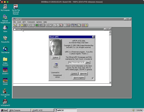 The image displays the mIRC chat client running on a Windows 95 interface within a DOSBox environment.