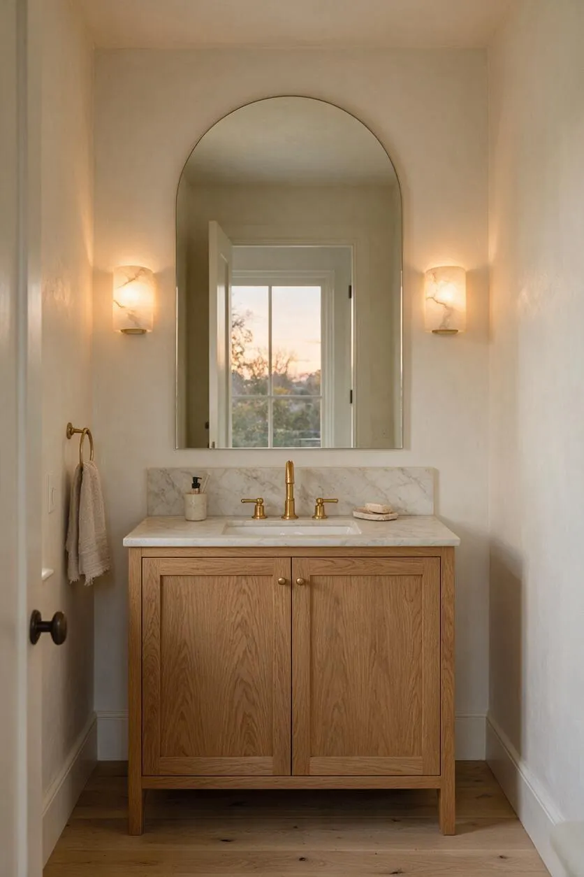 A narrow powder room with cream walls, an arched mirror above a light oak vanity, and a marble countertop with a brass faucet. Soft wall sconces glow on either side, and a window reflected in the mirror brings in natural light.
