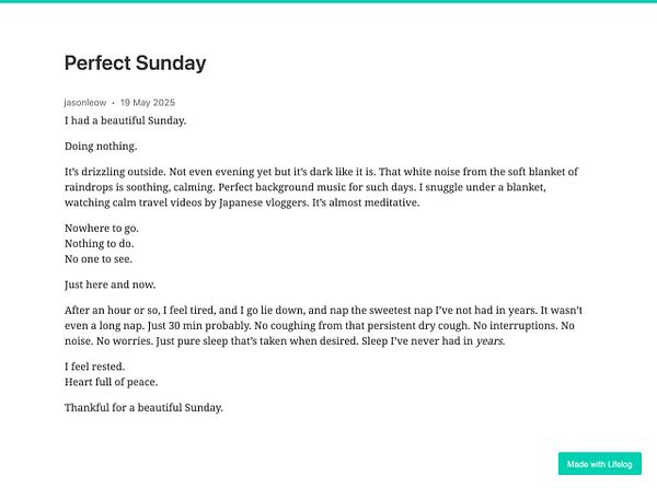 A reflective post titled 'Perfect Sunday' describes a peaceful day spent indoors.