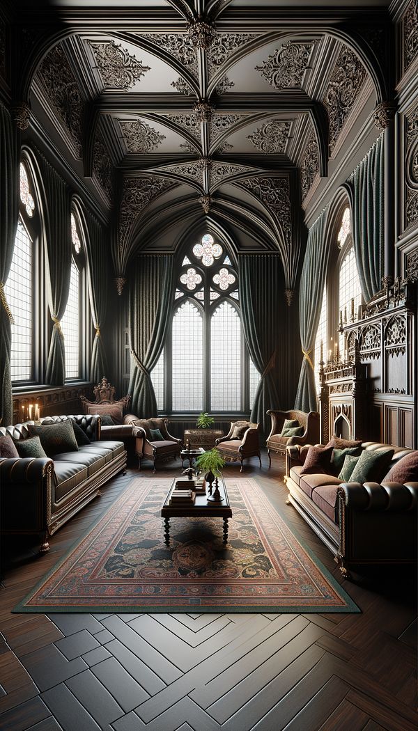 A dramatic, gothic revival living room with pointed arch windows, dark wooden furniture, and rich, ornate textiles.