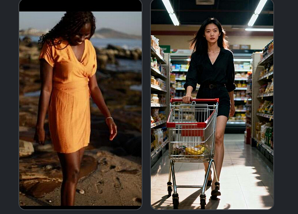 The image features two women in different settings, one on a beach and the other in a grocery store.