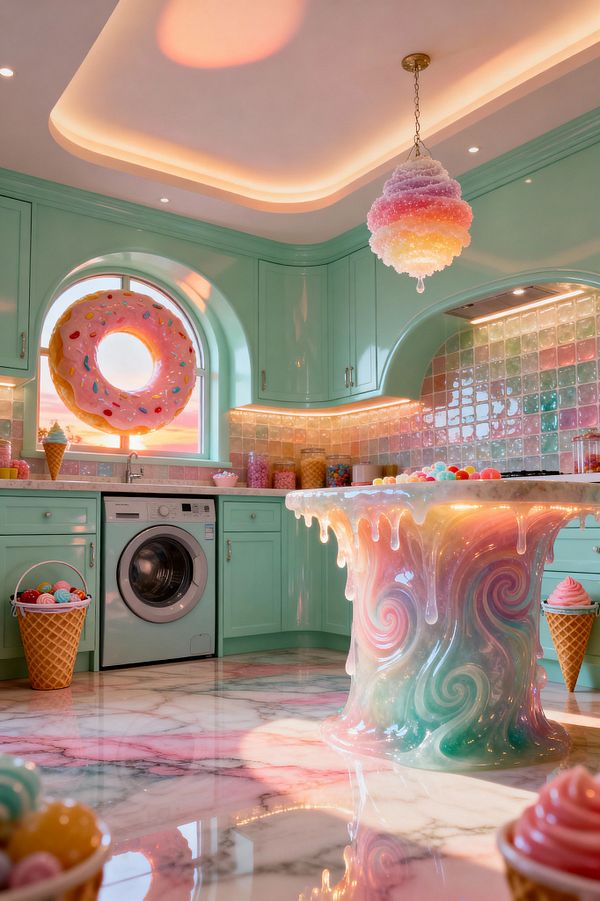 A whimsical laundry room features mint green cabinets surrounding a front-load washer beneath an arched window set with a large pink frosted donut sculpture. A central island with a glossy pastel resin-swirled base and white drip-edge top sits on reflective pink-veined marble, while iridescent square glass tiles, warm under-cabinet LEDs, an ombre soft-serve cone pendant, jars of candy, and ice-cream cone accents glow beneath a curved, cove-lit ceiling.