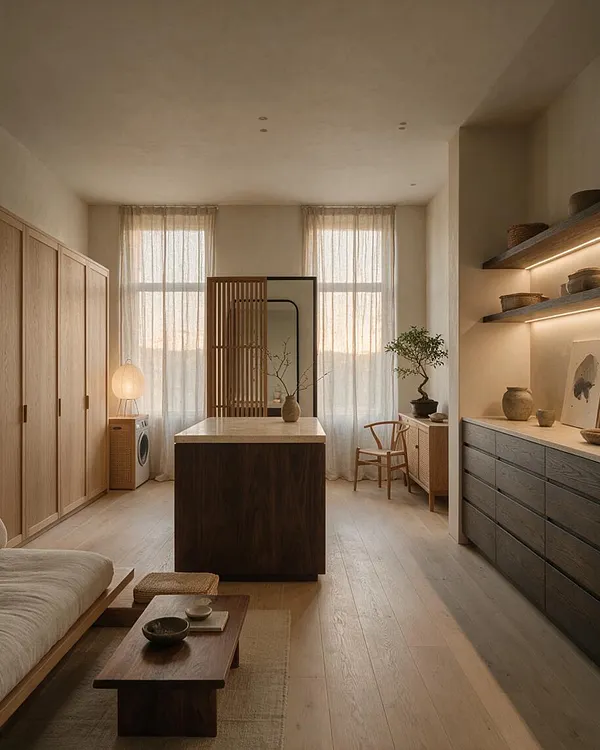 A serene Japandi-style closet room with light wood cabinetry on the left, a central island with a pale stone top, sheer curtains filtering soft daylight, and dark shelving with decorative ceramics on the right. Natural textures, a low wooden bench, and a small tea table create a calm, minimalist atmosphere.