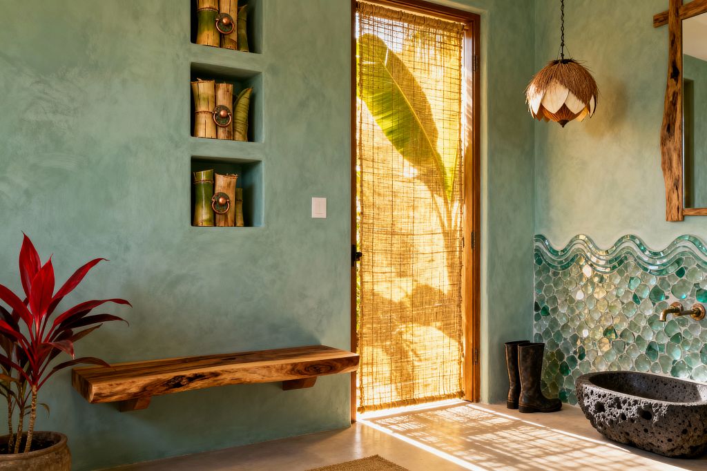 A tropical mudroom with seafoam plaster walls features a floating live-edge wood bench, three recessed niches holding bamboo bundles, and a door screened by a woven reed shade glowing with backlit leaf silhouettes. To the right, a wavy band of glossy fish-scale tiles in aqua and emerald frames matte brass taps over a porous black lava-stone basin, with a palm-leaf pendant, a red-leaf potted plant, and rubber boots on a smooth concrete floor.