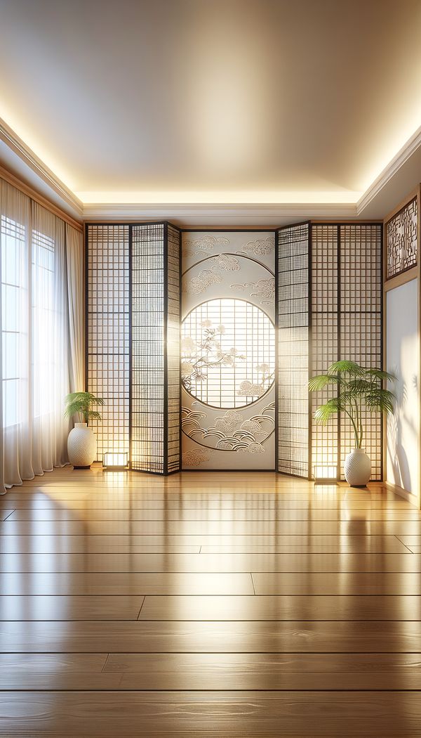 A serene living room featuring a shoji screen as a room divider, with soft light filtering through, casting a gentle glow on the wooden floor.