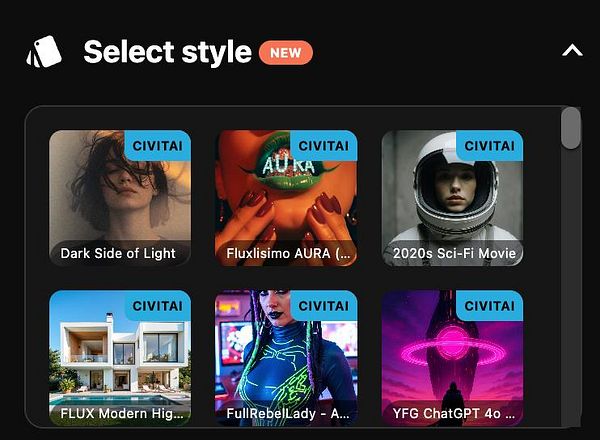 The image displays a user interface for selecting styles in a design application.