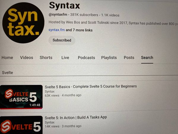 The image displays a YouTube channel page for Syntax, featuring Svelte 5 course videos.