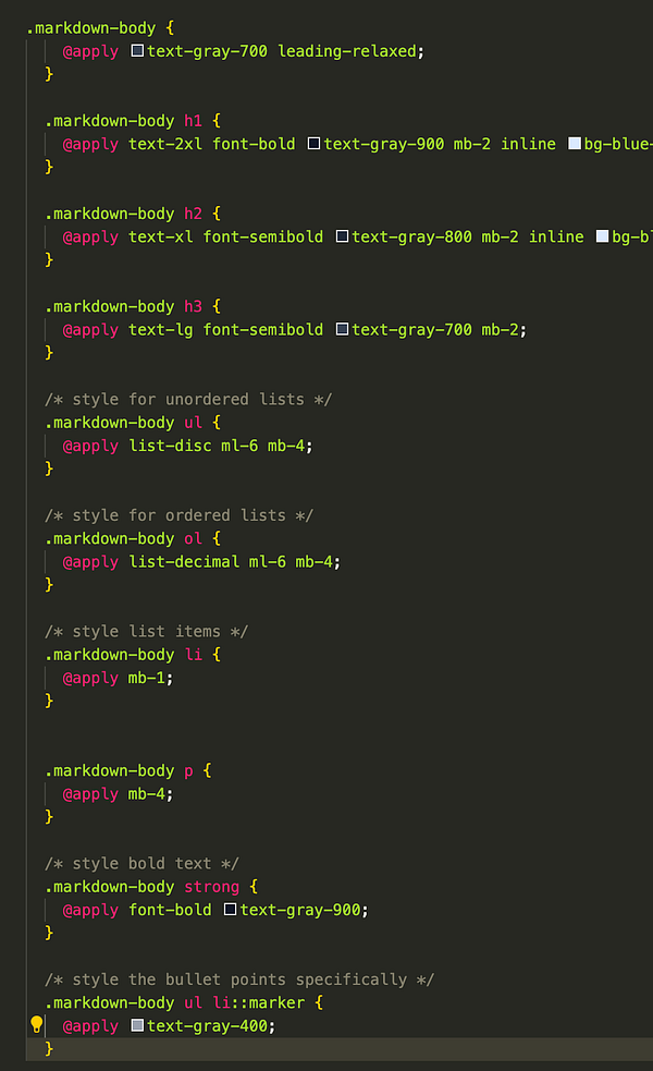 The image displays a code snippet of CSS styles for a Markdown body.